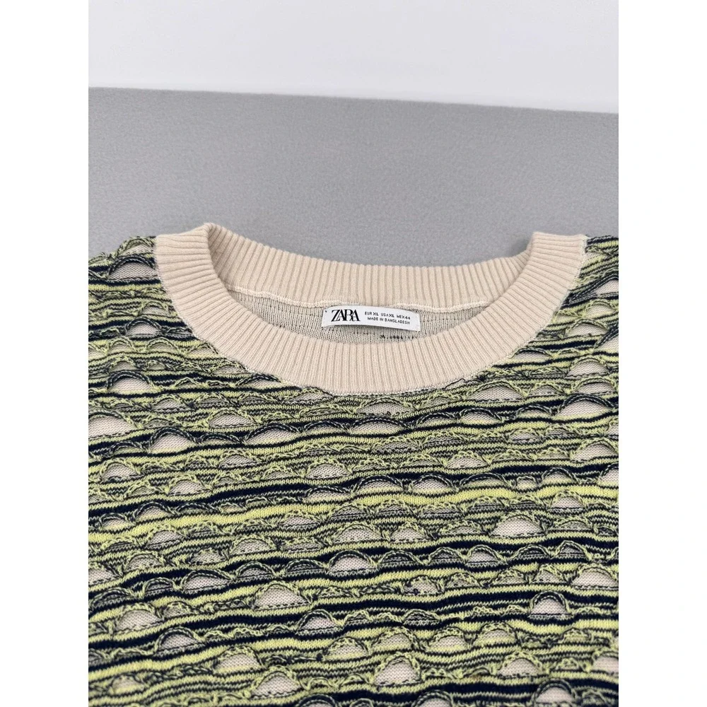 Zara Man Open Knit Striped Sweater Mens XL Green/Black Distressed Mesh Indie